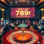 Players engaging with games at nhà cái 789f casino, featuring roulette, poker, and slot machines.