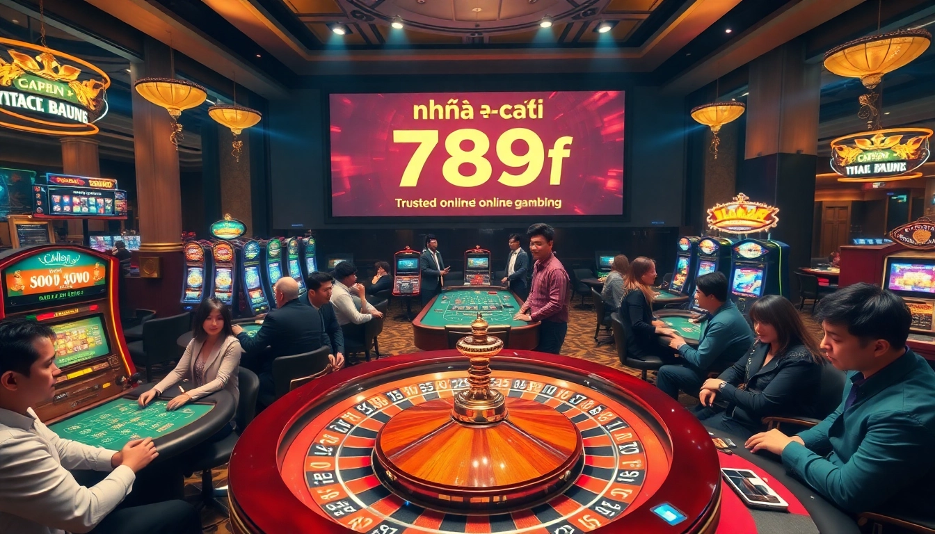 Players engaging with games at nhà cái 789f casino, featuring roulette, poker, and slot machines.